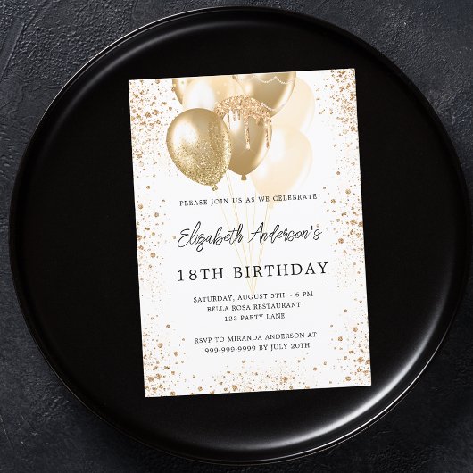 Birthday party white gold glitter ballonnen kaart