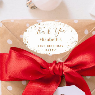 Birthday Party white gold glitter name Bedankt Ovale Sticker
