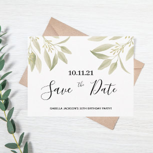 Birthday party white green botanical save the date briefkaart
