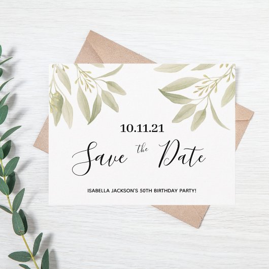 Birthday party white green botanical save the date briefkaart