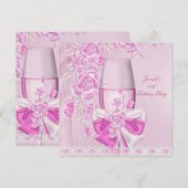 Birthday Party White roze flower roze Champagne Kaart (Voorkant / Achterkant)