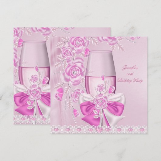 Birthday Party White roze flower roze Champagne Kaart (Voorkant / Achterkant)