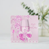 Birthday Party White roze flower roze Champagne Kaart (Staand voorkant)