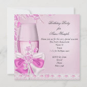 Birthday Party White roze flower roze Champagne Kaart (Achterkant)