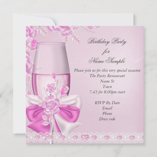 Birthday Party White roze flower roze Champagne Kaart (Achterkant)