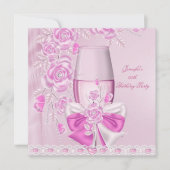 Birthday Party White roze flower roze Champagne Kaart (Voorkant)