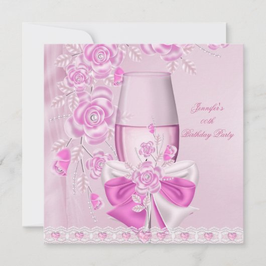 Birthday Party White roze flower roze Champagne Kaart (Voorkant)