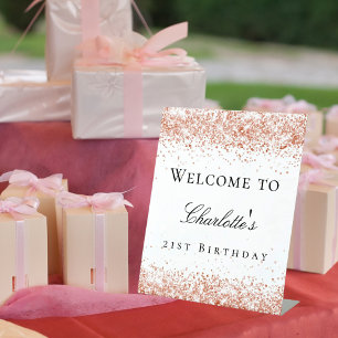 Birthday party white rozen goud glitter welkom reclamebord met voetstuk
