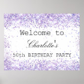 Birthday party white violet lavender glitter name poster (Voorkant)