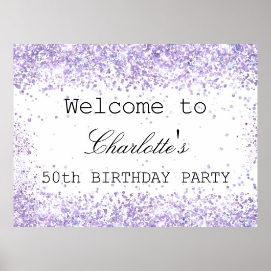 Birthday party white violet lavender glitter name poster (Voorkant)