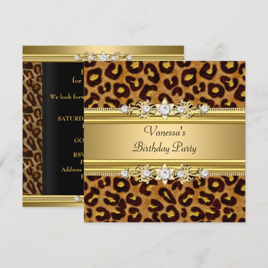 Birthday Party Wild Animal Print Gold Black Kaart (Voorkant / Achterkant)