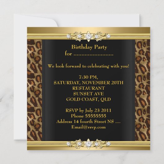 Birthday Party Wild Animal Print Gold Black Kaart (Achterkant)