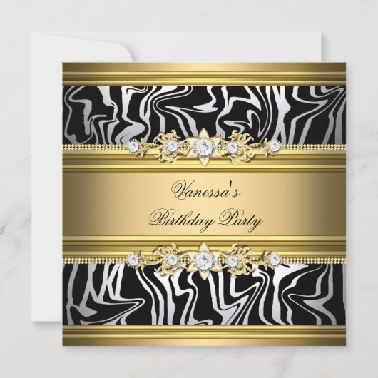 Birthday Party Wild Animal Print Gold Black White Kaart (Voorkant)
