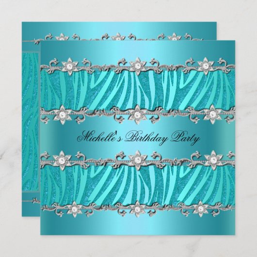 Birthday Party Wild Blauwgroen Zebra Diamond Kaart (Voorkant / Achterkant)