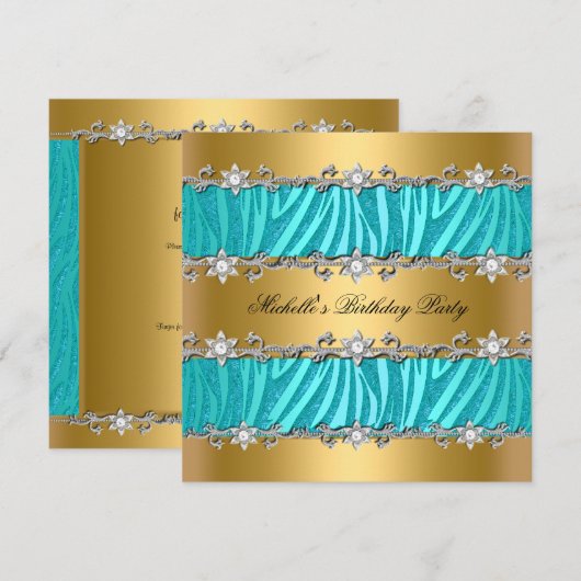 Birthday Party Wild Blauwgroen Zebra Gold Diamond Kaart (Voorkant / Achterkant)