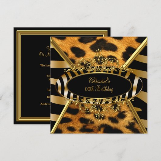 Birthday Party Wild Gold Black Zebra Leopard Kaart (Voorkant / Achterkant)