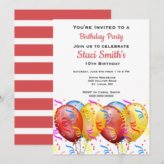 Birthday Party with Balloons Girl 10 Kaart (Voorkant / Achterkant)