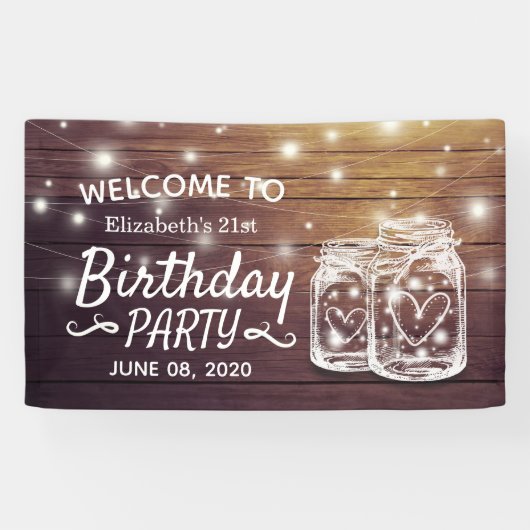 Birthday Party Wood Mason Jar String Light Welkom Spandoek (Horizontaal)