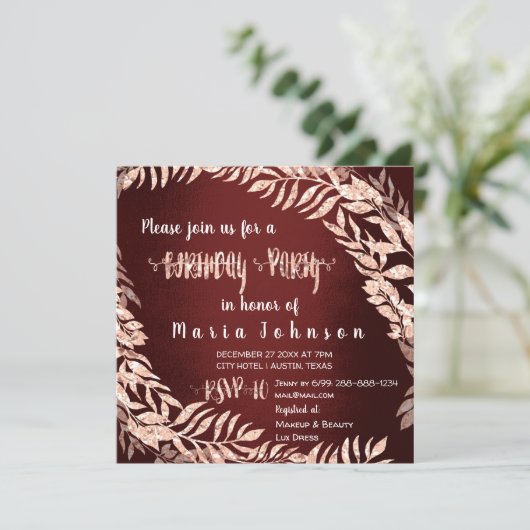 Birthday Party Wreath Glitter Roos Gold Burgundy Kaart (Staand voorkant)