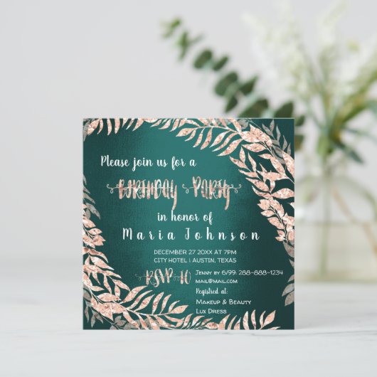 Birthday Party Wreath Glitter Roos Gold Cali Green Kaart (Staand voorkant)