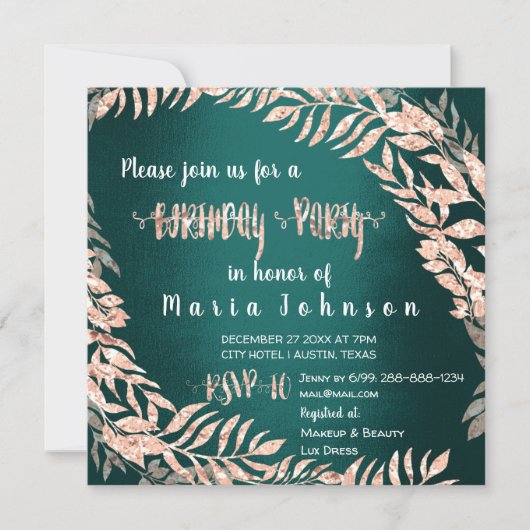 Birthday Party Wreath Glitter Roos Gold Cali Green Kaart (Voorkant)