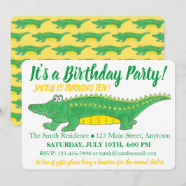 Birthday Party Yellow Green Alligator Crocodile Kaart