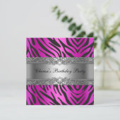 Birthday Party Zebra Diamond Black Hot Pink Kaart (Staand voorkant)