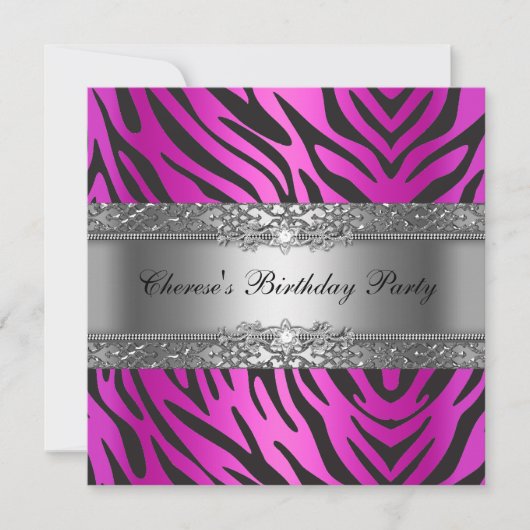 Birthday Party Zebra Diamond Black Hot Pink Kaart (Voorkant)