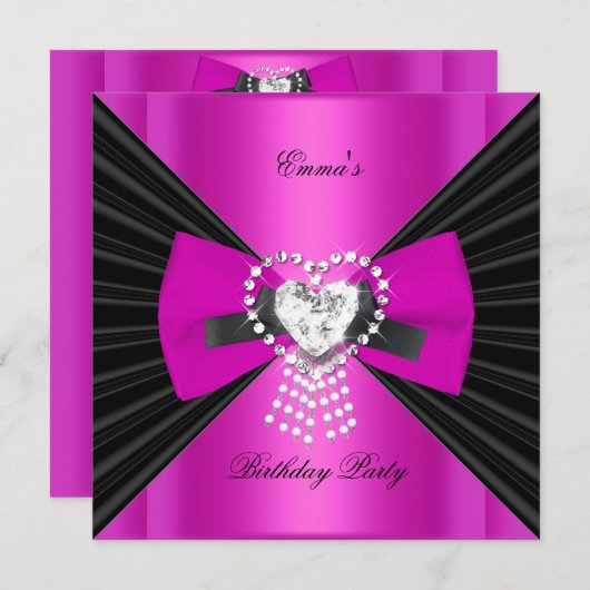 Birthday Party Zebra Elegant Black Hot Pink Bow Kaart (Voorkant / Achterkant)