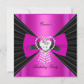 Birthday Party Zebra Elegant Black Hot Pink Bow Kaart (Voorkant)