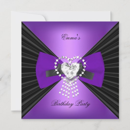 Birthday Party Zebra Elegant Black Paars Bow Kaart (Voorkant)