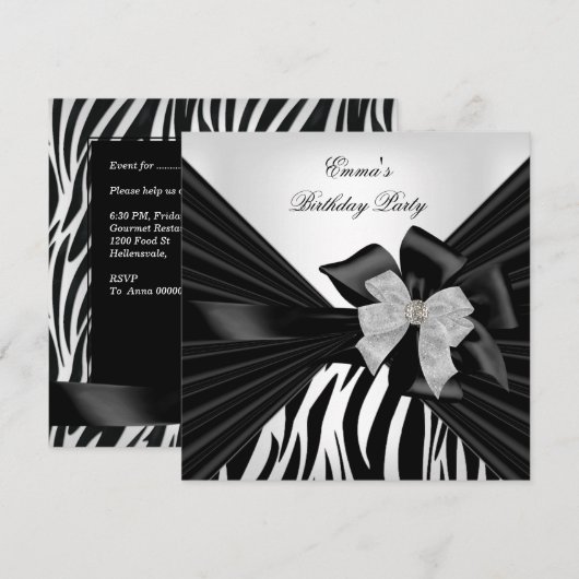 Birthday Party Zebra Elegant Black white Kaart (Voorkant / Achterkant)