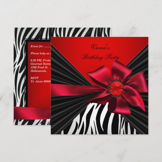 Birthday Party Zebra Elegant Red Black Bow Kaart (Voorkant / Achterkant)
