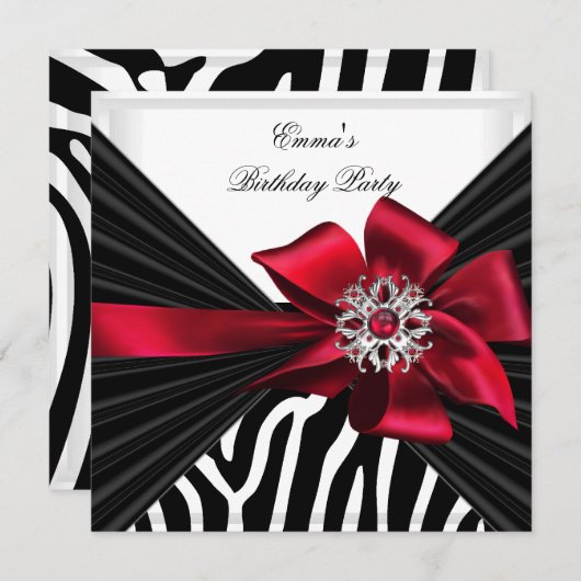 Birthday Party Zebra Elegant Red Black White Kaart (Voorkant / Achterkant)