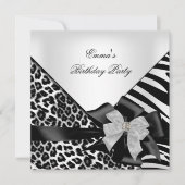 Birthday Party Zebra Leopard Elegant Black white Kaart (Voorkant)