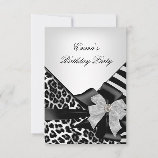 Birthday Party Zebra Leopard Elegant Black white Kaart (Voorkant)