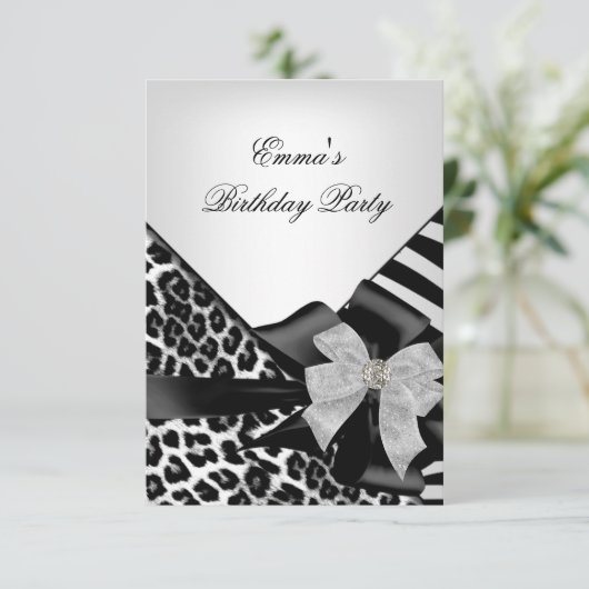 Birthday Party Zebra Leopard Elegant Black white Kaart (Staand voorkant)