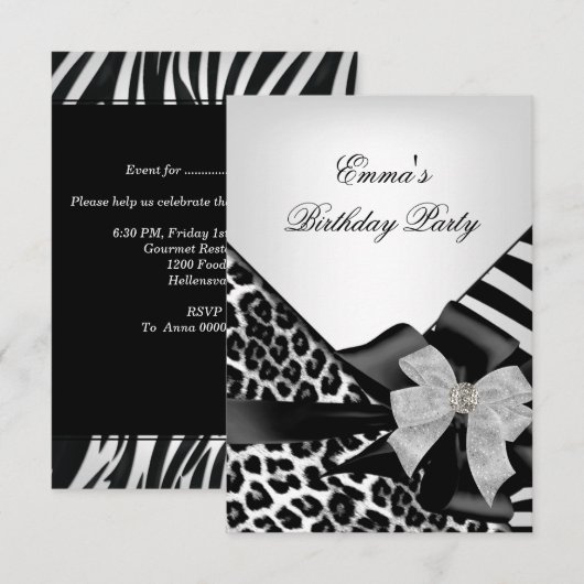 Birthday Party Zebra Leopard Elegant Black white Kaart (Voorkant / Achterkant)