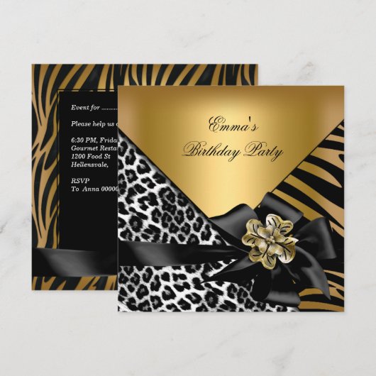 Birthday Party Zebra Leopard Gold Elegant Kaart (Voorkant / Achterkant)