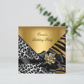 Birthday Party Zebra Leopard Gold Elegant Kaart (Staand voorkant)