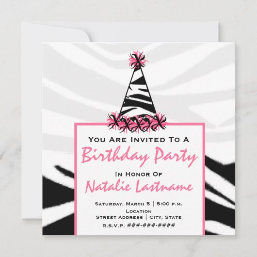 Birthday Party - Zebra Print & Pink Party Pet Kaart (Voorkant)