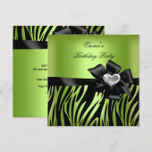 Birthday Party Zebra Silver Lime Green Black Kaart (Voorkant / Achterkant)