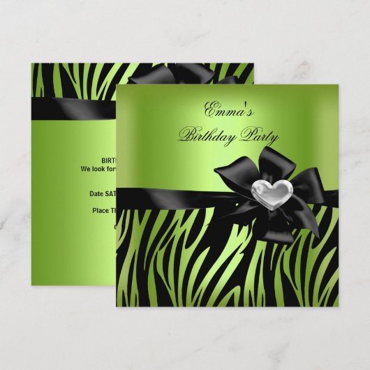 Birthday Party Zebra Silver Lime Green Black Kaart (Voorkant / Achterkant)