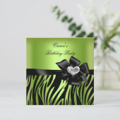 Birthday Party Zebra Silver Lime Green Black Kaart (Staand voorkant)
