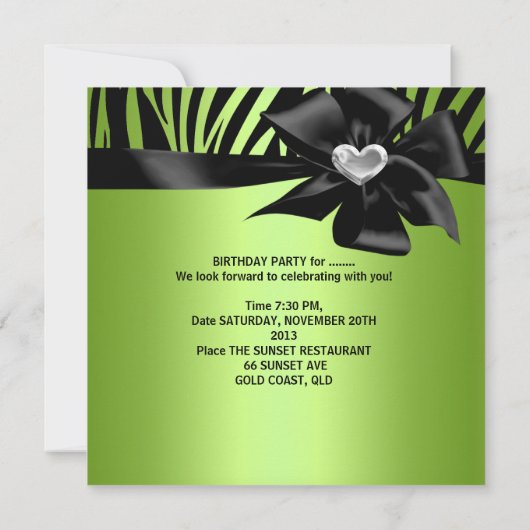 Birthday Party Zebra Silver Lime Green Black Kaart (Achterkant)