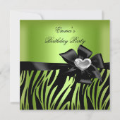 Birthday Party Zebra Silver Lime Green Black Kaart (Voorkant)