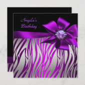 Birthday Party Zebra Silver Paarse Magenta Black Kaart (Voorkant / Achterkant)