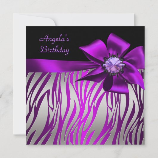 Birthday Party Zebra Silver Paarse Magenta Black Kaart (Voorkant)