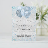 Birthday party zilverblauw glitterstofballonnen kaart (Staand voorkant)