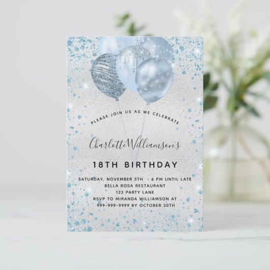 Birthday party zilverblauw glitterstofballonnen kaart (Staand voorkant)